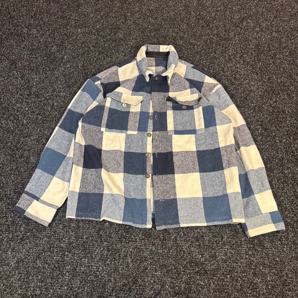 Mens Blue Cream Buffalo Plaid Heavyweight Flannel Shirt Jacket XL L Large